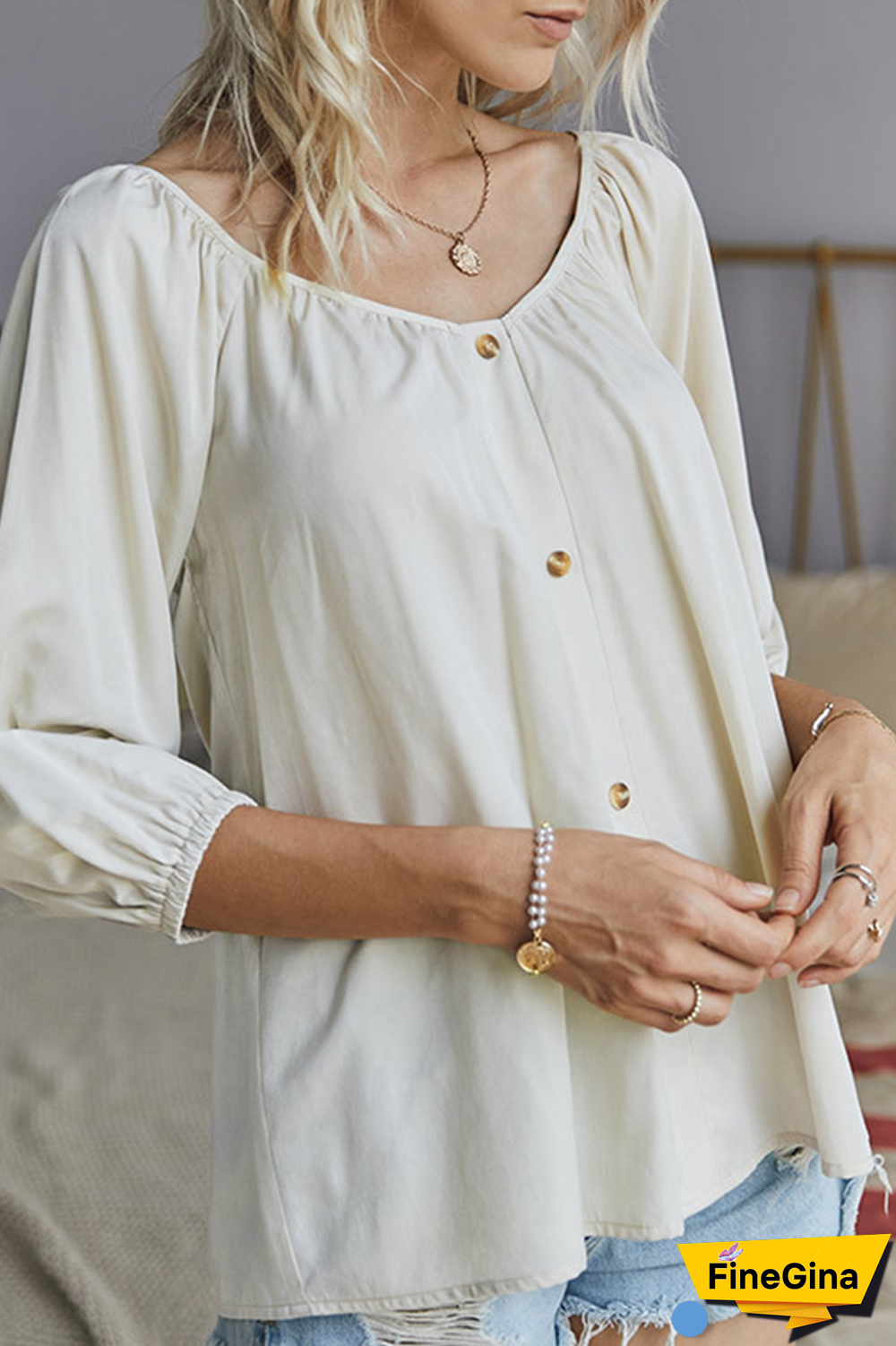 Elegant Solid Buckle V Neck Tops