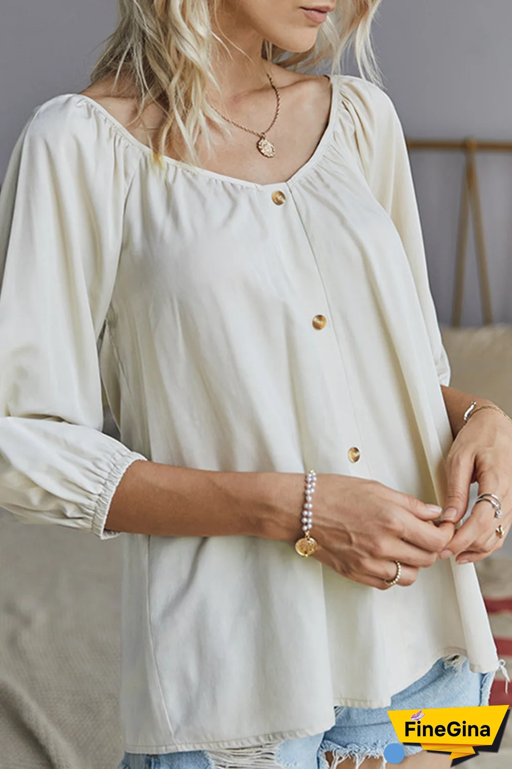 Elegant Solid Buckle V Neck Tops