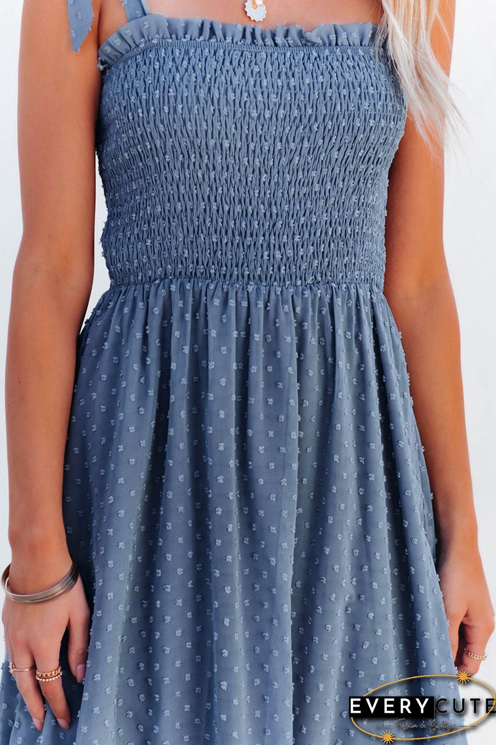 Sky Blue Smocked Swiss Dot Maxi Dress