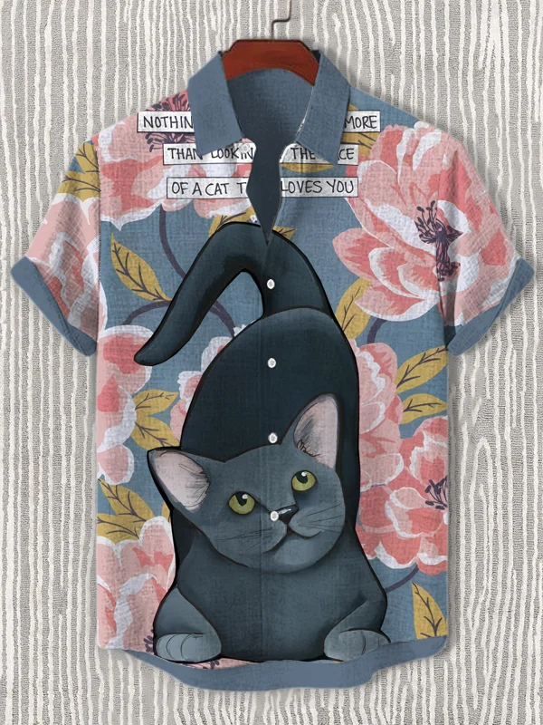 Men's Cherry Blossoms Smiling Cat Art Print Short Sleeve Shirt