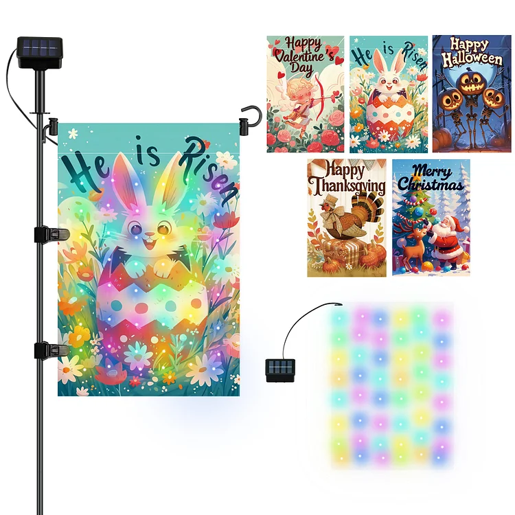 LUJOIN DIY Solar Garden Flag Stand with 5 Holiday Flags, Universal LED Board for DIY a Lighted 12" x 18" Flag, Including Valentines Day, Easter Day, Halloween, Thanksgiving Day & Christmas Flags