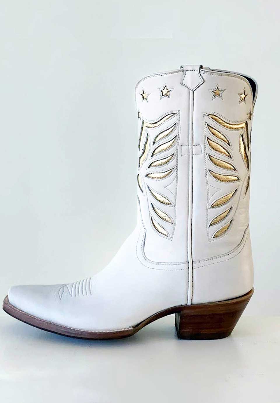 Ivory Vegan Leather Snip Toe Golden Eagle Cowgirl Ankle Boots With Chunky Heels