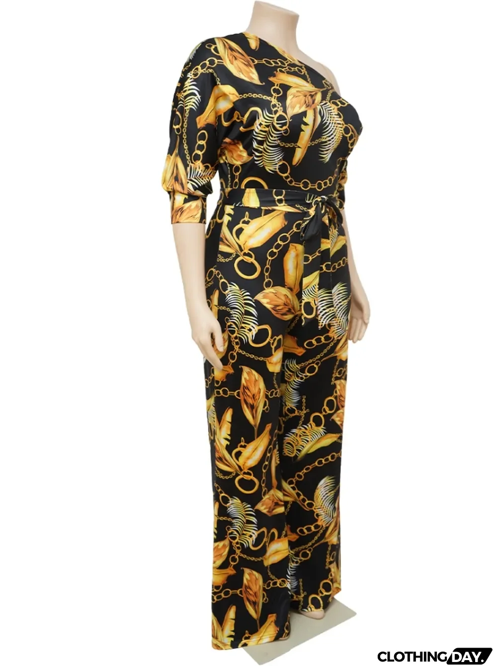 Women Autumn Gold Modest Slash Neck Half Sleeves Print Belted Full Length Loose Plus Size Jumpsuit