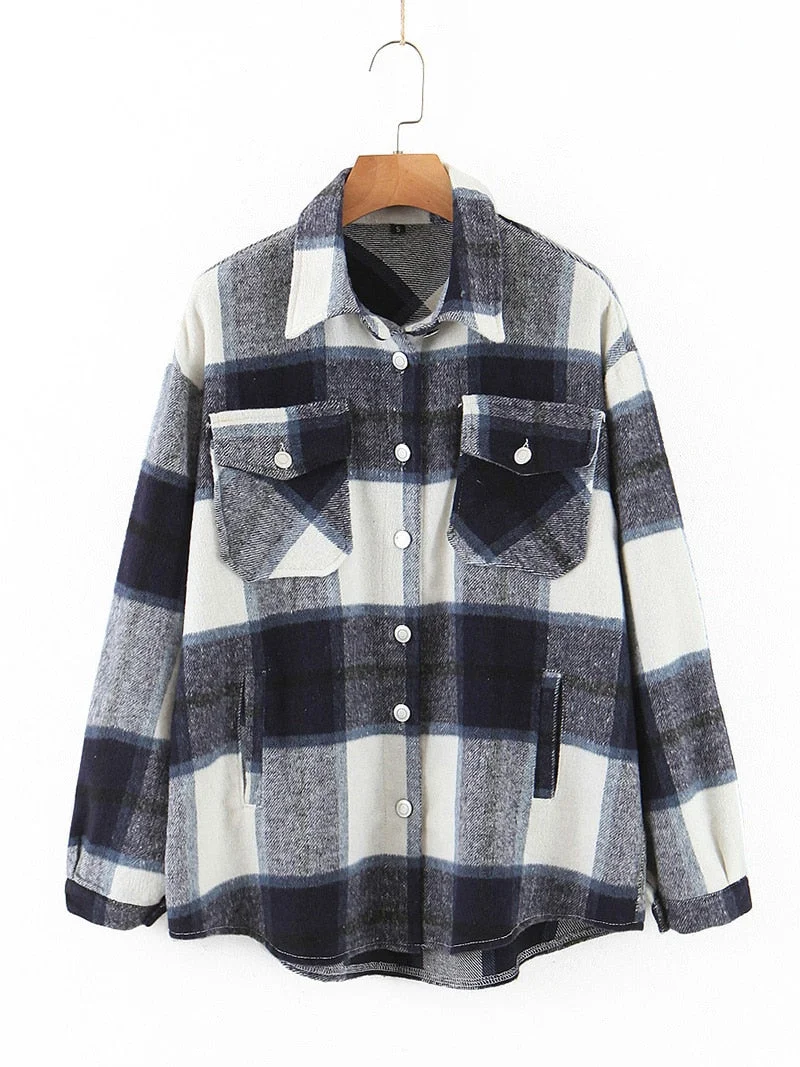 Fitshinling Vintage Checker Blouse Shirt Women Pockets Long Sleeve Tops 2021 High Quality Plaid Oversized BF Shirts Female Sale