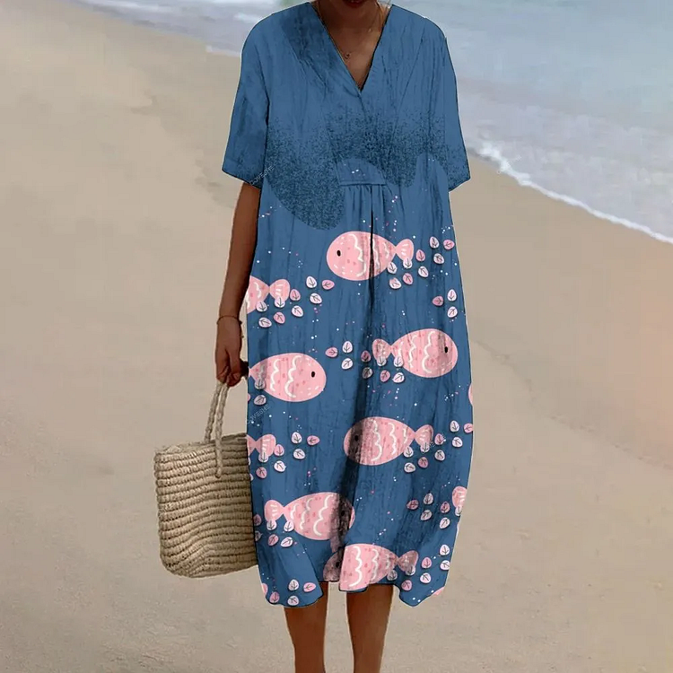 Women's Pink Fish Pattern  Art Print Flowy Dress