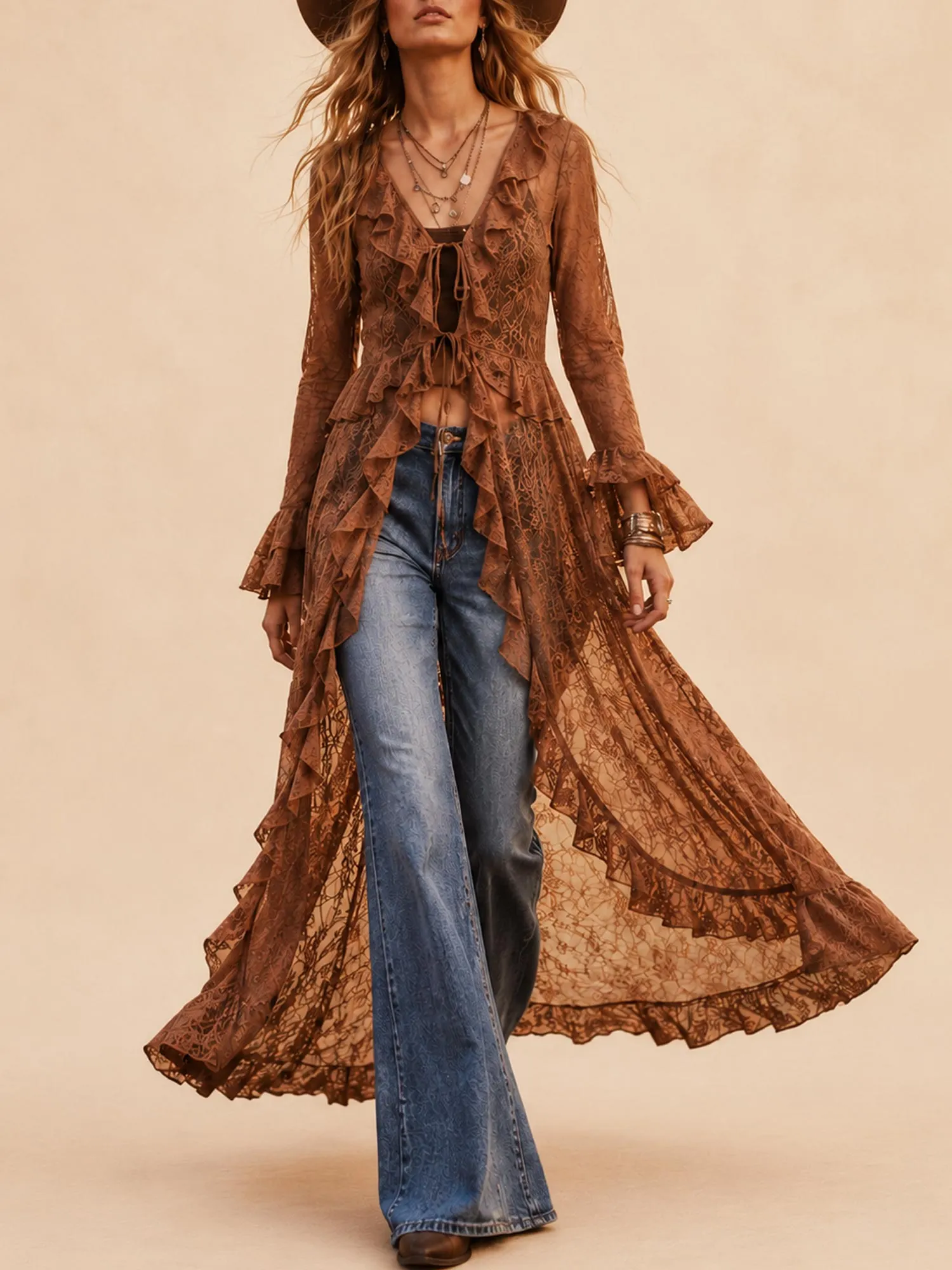 Perfect for a Western Music Festival & Outdoor Party &mdash; Women's Brown Tie-Front Ruffled Sheer Lace Duster Cardigan