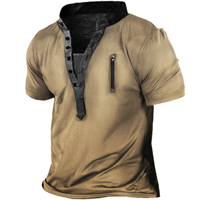 Men's Outdoor Zipper Vintage Print Loose Short Sleeve Top