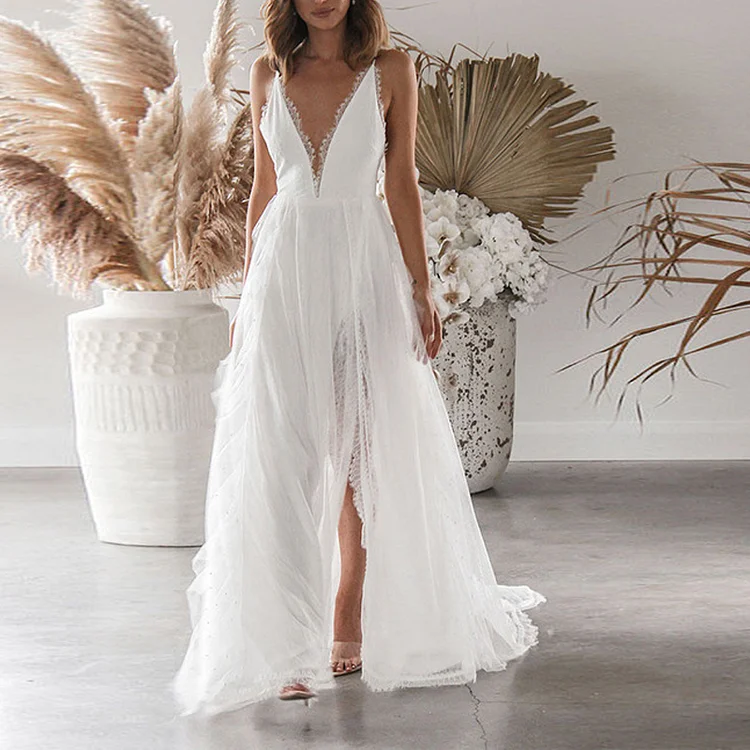 Fashion White Casual Sexy V Neck Backless Slit Wedding Party Irregular Prom Dress
