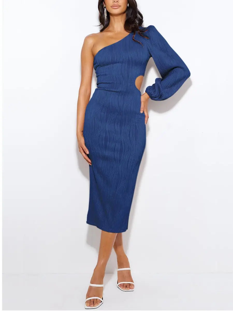 Sloping Shoulder Hollow Out Long Sleeve Midi Dress