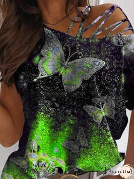 Slanted Shoulder Gradient Short-sleeved T-shirt