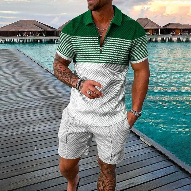 BrosWear Striped Short Sleeve Polo Shirt And Shorts Two Piece Set