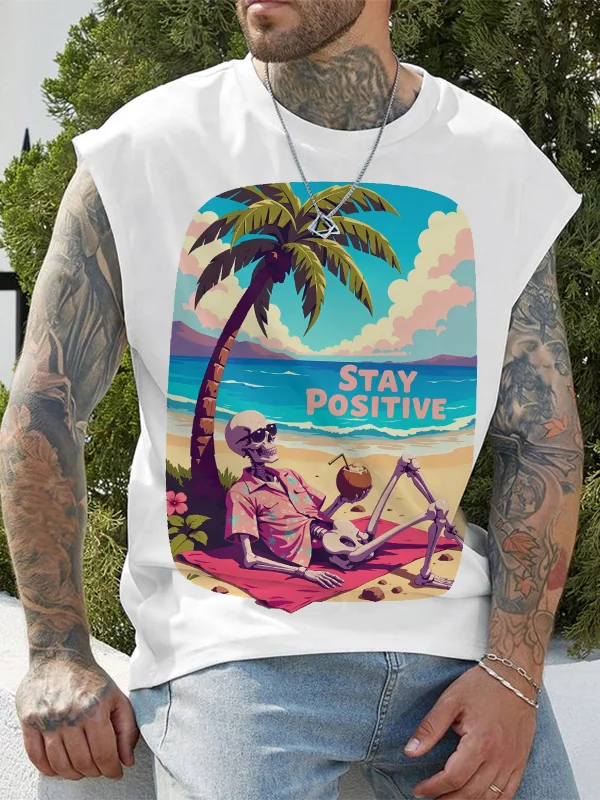 Men's Stay Positive Skeleton Beach Resort Art Print Cotton Tank Top
