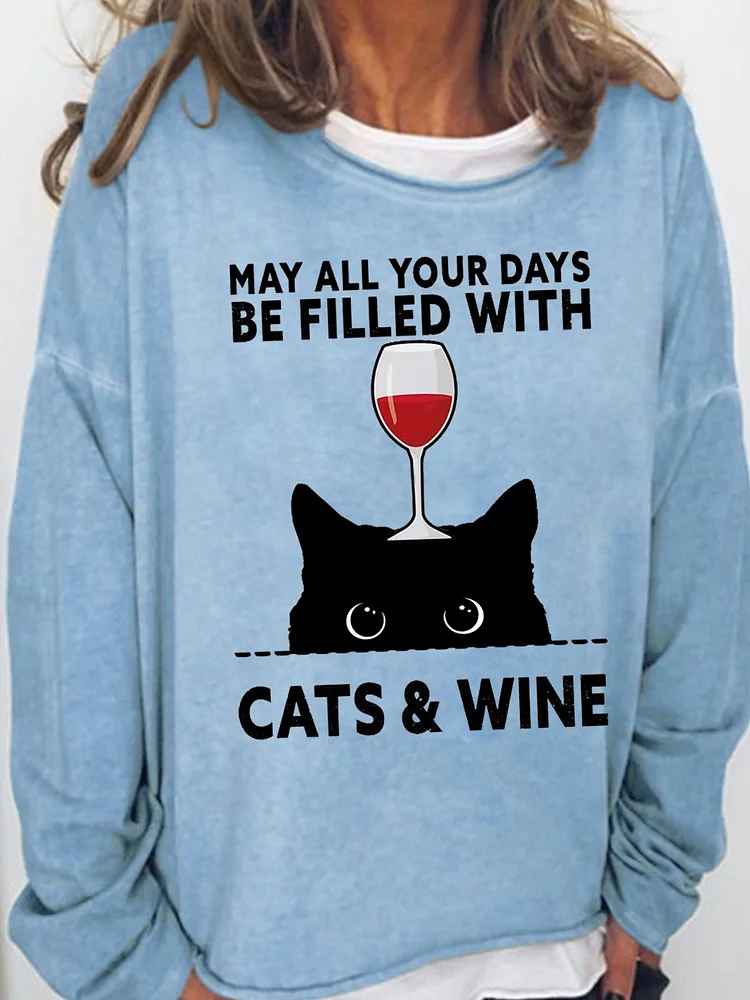 womens May All Your Days Be Filled Cats & Wine Casual Crew Neck Sweatshirts