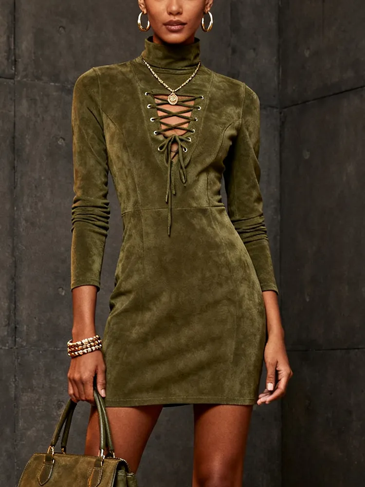 Olive Lace-Up Faux Suede Turtleneck Mini Dress