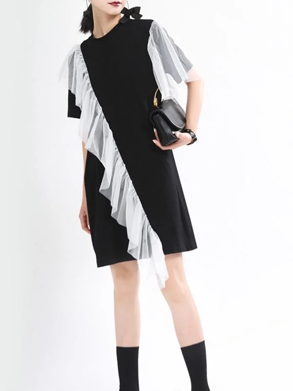 6.1Contrast Color Pleated Mesh Splicing T-Shirt Dress