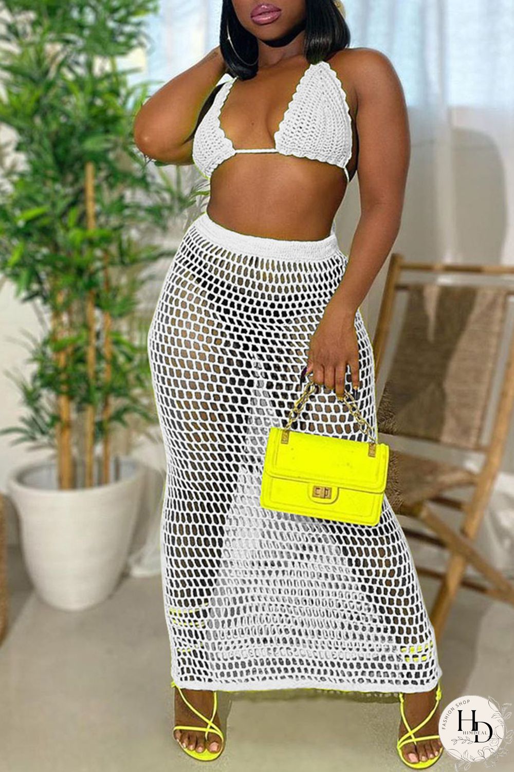 Tangerine Red Sexy Solid Hollowed Out Patchwork Halter Sleeveless Two Pieces