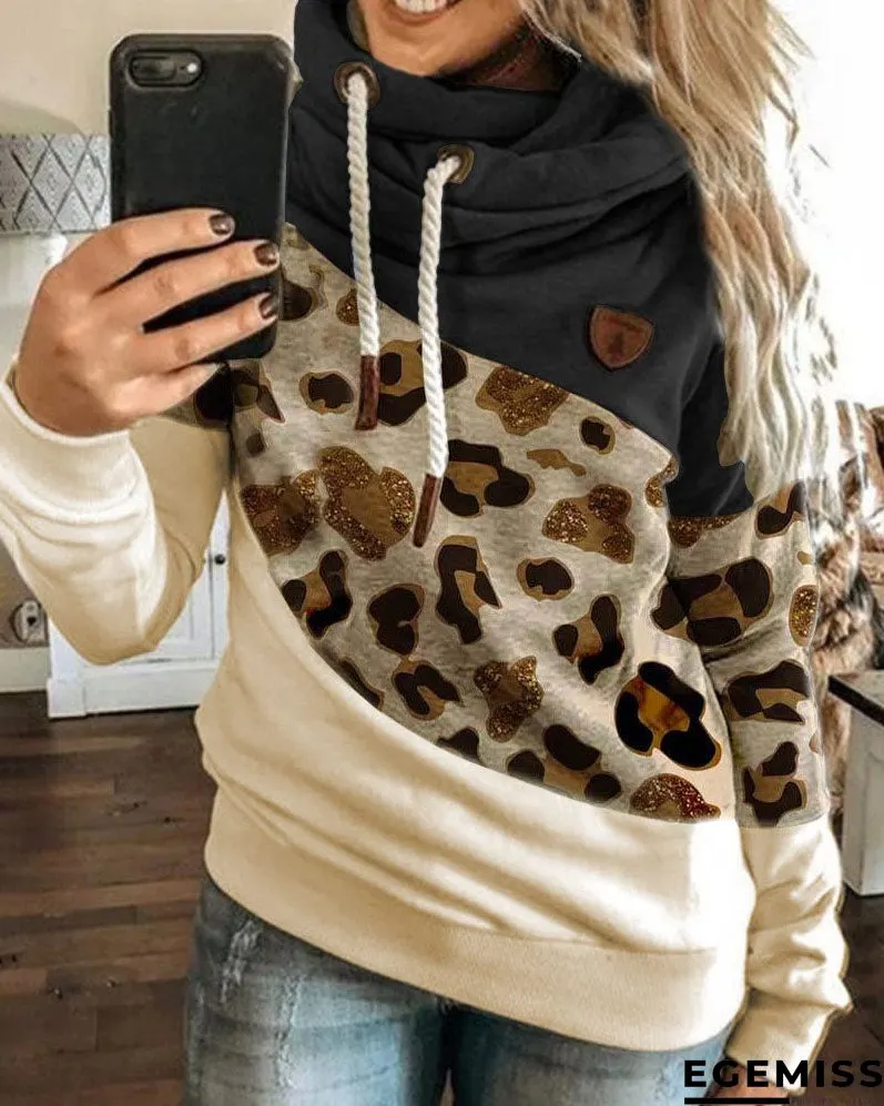 Lantern Sleeve Colorblock Leopard Print Hooded Top | EGEMISS