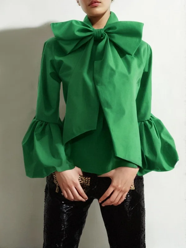 Bowknot Solid Color Split-Joint Loose Puff Sleeves Stand Collar Blouses&Shirts Tops