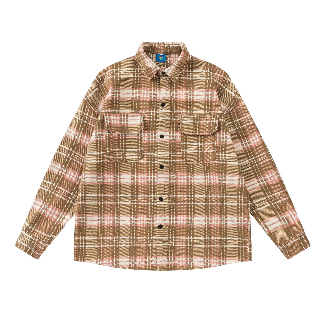 Men's Retro Woolen Plaid Jacquard Shirt Jacket Street Fashion Loose Casual Couple Shirt Jacket