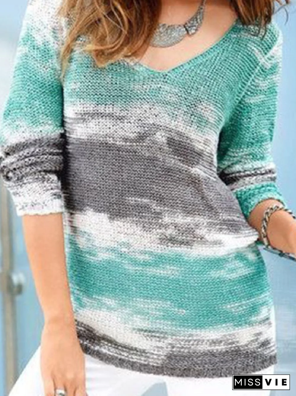 Casual Ombre V neck Long Sleeve Loose Sweater