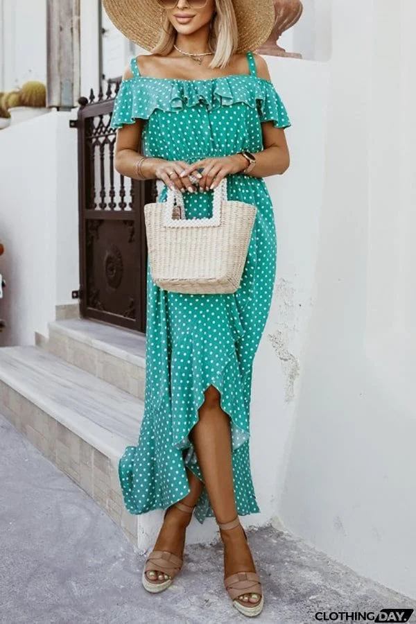 Dot Ruffles Off Shoulder Irregularity Maxi Dress