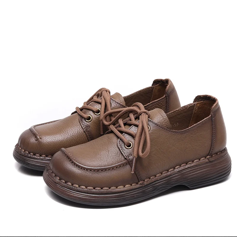 Yyvonne Layer Of Kraft Hand Hand-Skinned Soft Soles Casual Leather Shoes Women's Autumn New Comfortable With Kraft Single Shoes Retro Women's Shoes