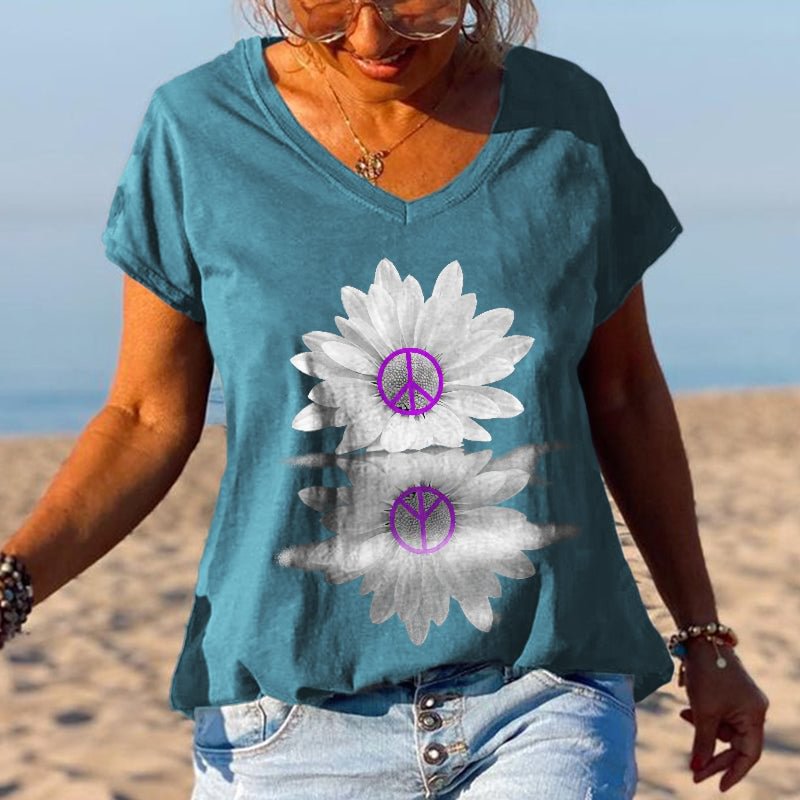 V-neck Flower Reflection Printed Graphic Tees
