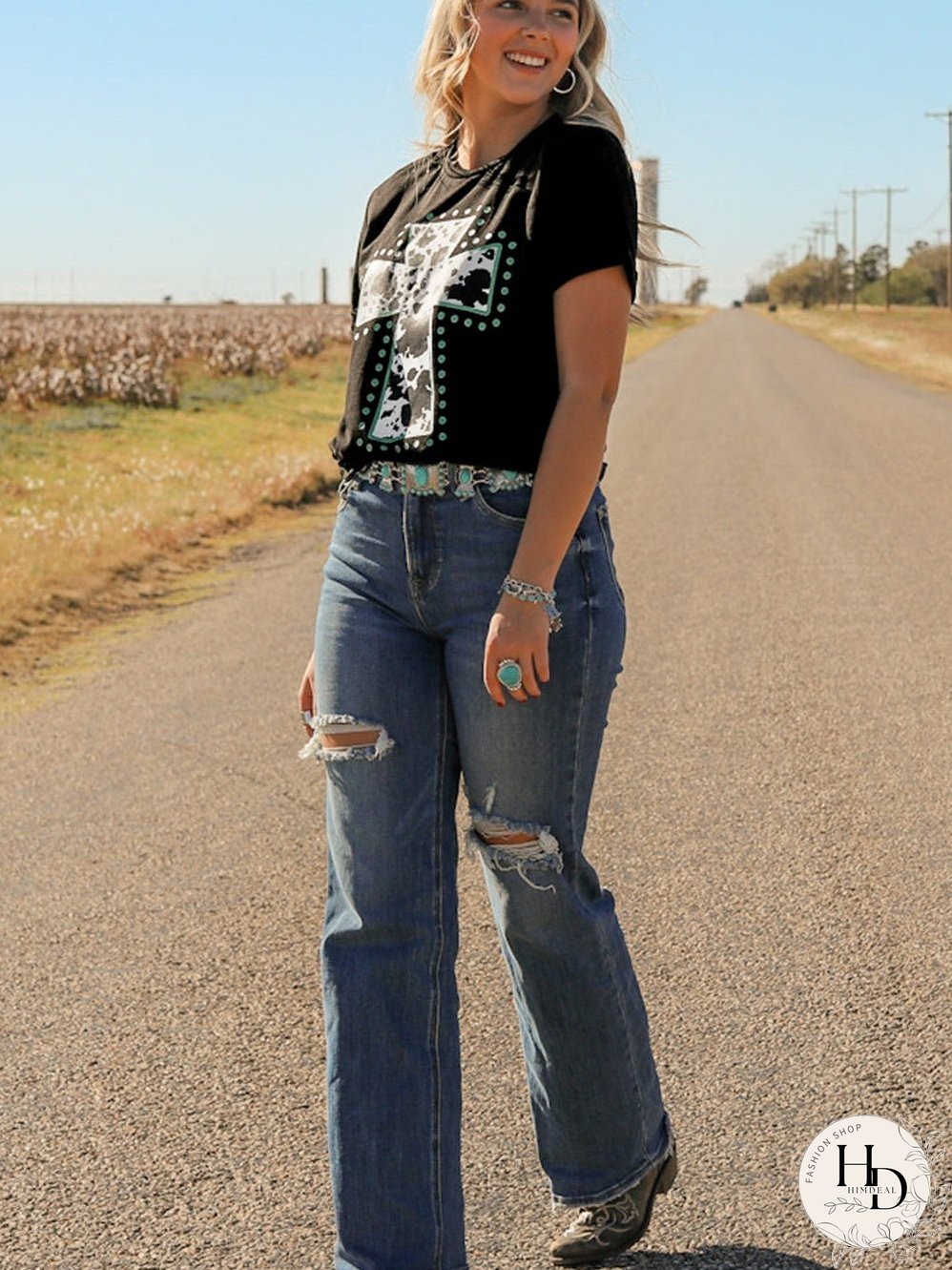 Cow Spots Cross Graphic Tee - Western Vibes