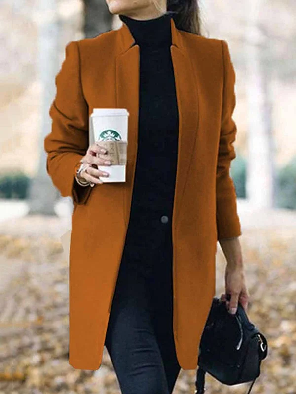 Pure Color Split-Joint Long Sleeves Stand Collar Woolen Coat Outerwear