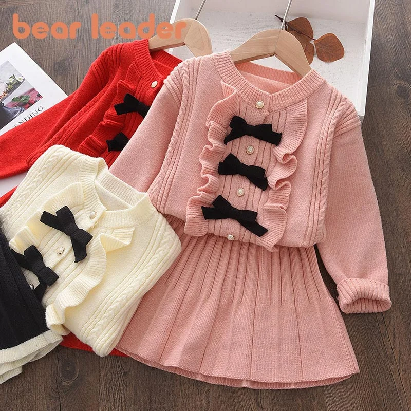 Bear Leader Girls Baby Winter Knitted Clothes Sets Fashion Kids Elegant Plaid Sweaters Tops And Skirt Outfits Princess Knitwear