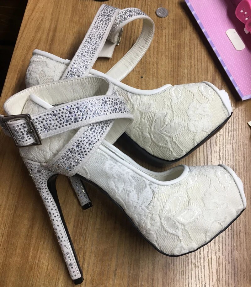 VCSHOES Bling Crystal Drilled Cross Strap Buckle Floral Lace Pumps Woman High Heels Platform Peep Toe Mujer White Wedding Shoes