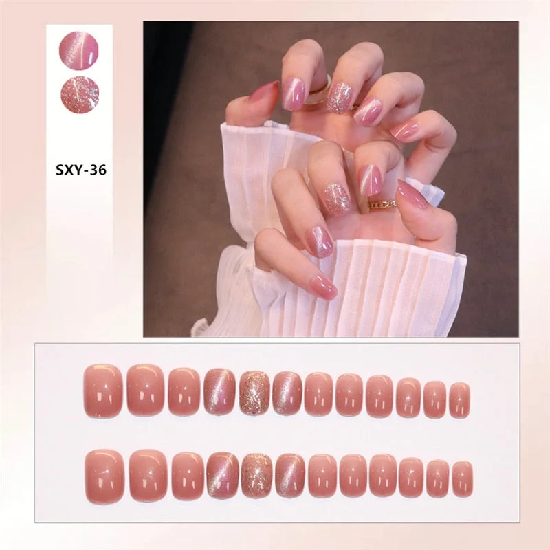 24pcs/box Wearable Finger Fake Nails press on Blue Grey Aurora Effect short size full cover Summer Patch  fake Fingernail tips-Nail Inspo