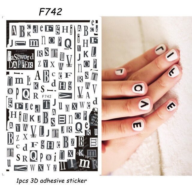 Nail Stickers Back Glue Black White Butterfly Punk Style Alphabet Lineart Designs Nail Decal Decoration Tips For Beauty Salons