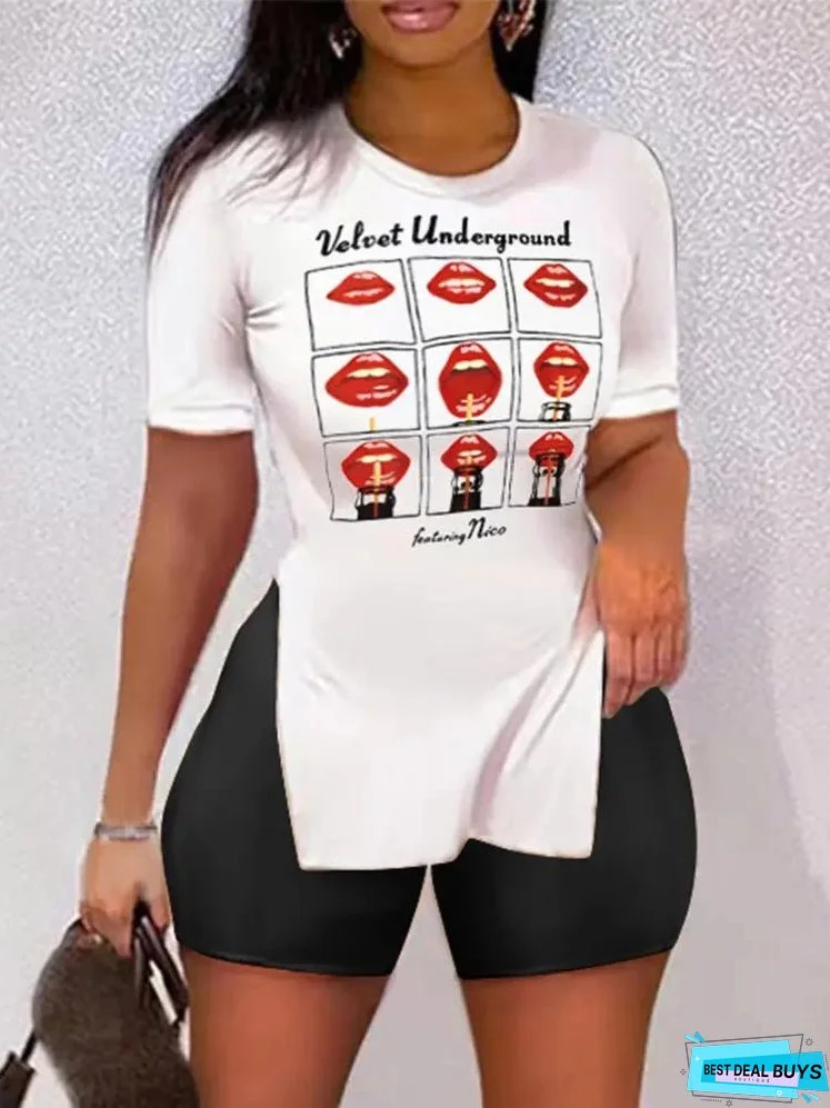 Sets Printed Short Sleeve Split T-Shirt & Shorts Two Piece Set for Women