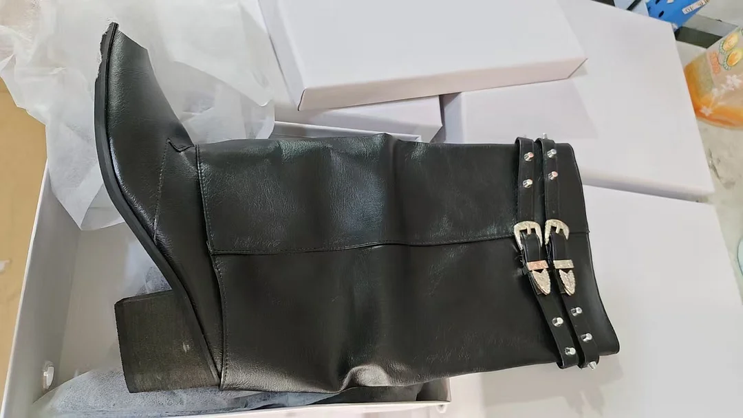 Yyvonne Trouser Boots Women Design Double Buckle With Sharp Head Thick Heel Retro High-Heeled Boots Hot Girl High Boots Tide Women's Shoes