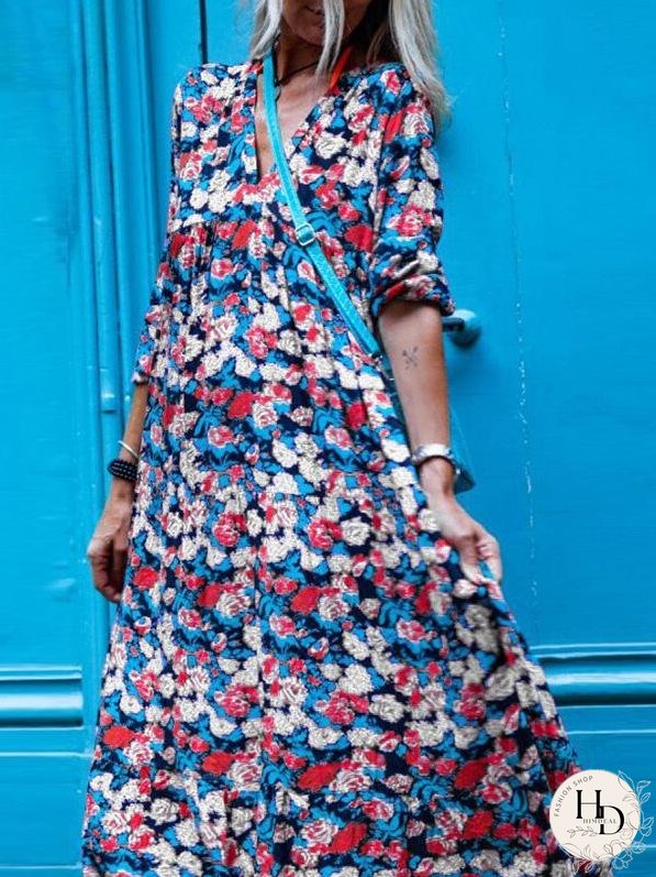 Dresses Vintage Print V-Neck Long Sleeve Dress for Women