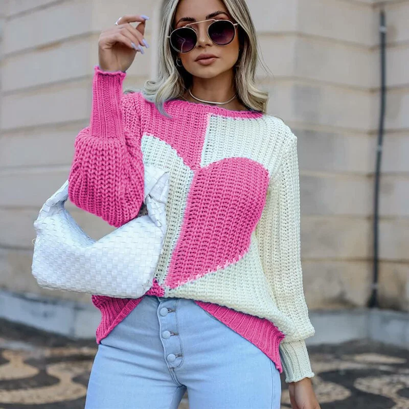 Women Knitted Sweater Autumn Thin Heart Print Patchwork O Neck Pullovers Casual Long Sleeved Love Knitwear Loose Sueter Mujer