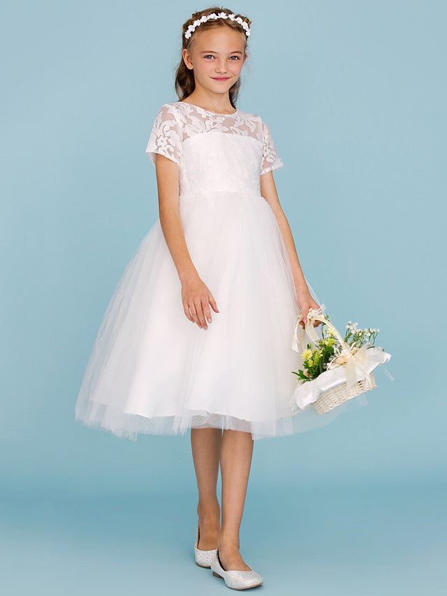 Oknass Princess A-Line Crew Neck Flower Girl Dress Knee Length Lace Tulle With Pleats