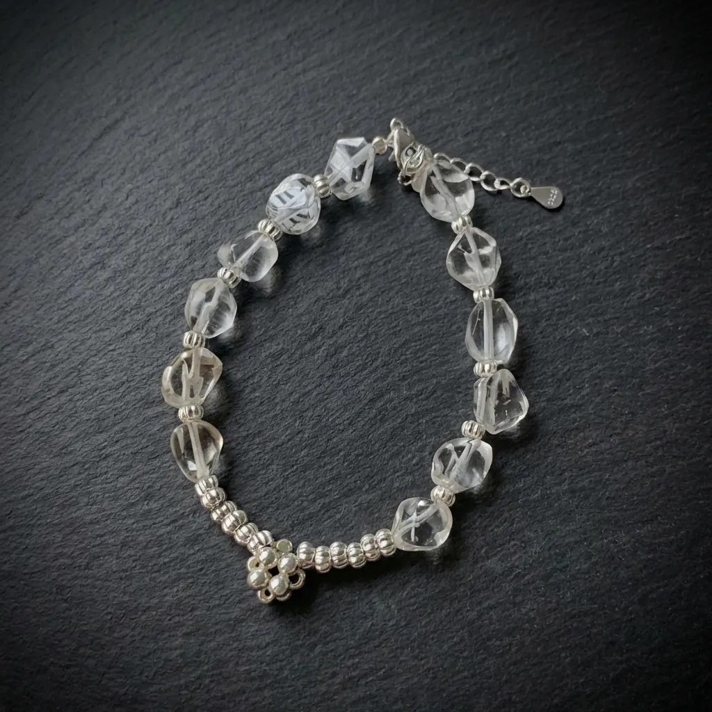JiStones Luminous Clarity - S925 Sterling Silver & Natural White Crystal Bracelet Clear Crystal & Polished Silver-Standard Fit (Adjustable)