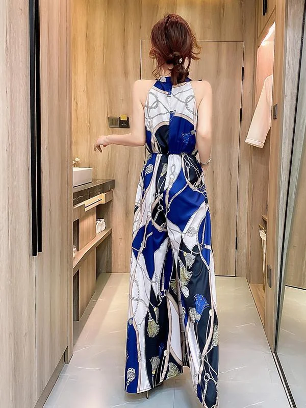 Fashion hanging neck strapless sleeveless long wide leg pants