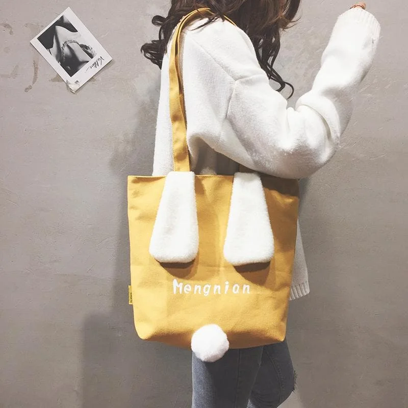 Yellow/White/Pink Kawaii Fluffy Ears Tail Canvas Shoulder Bag SP14374