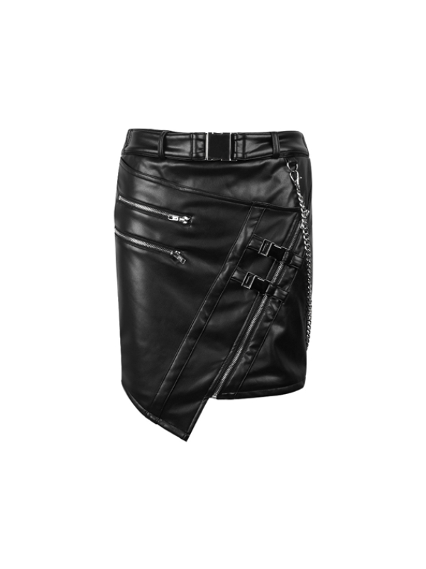 Statement Buckle Decoration Zipper Chain-trimmed Bodycon PU Skirt