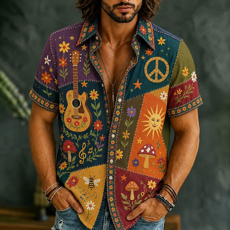 Men's Hippie Peace Music Guitar Patchwork Art Pattern Casual Shirt