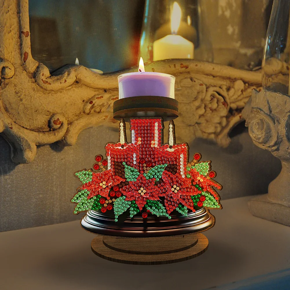 Wooden Red Flower Candle 5D DIY Diamond Painting Candle Holder Decor for Adults