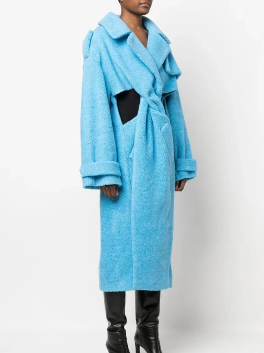 Toloer Toloer 2024 New Fashion Hollow Design Sense Kink Waist Show Thin Long Blue Plush Coat Female-Outfit Ideas