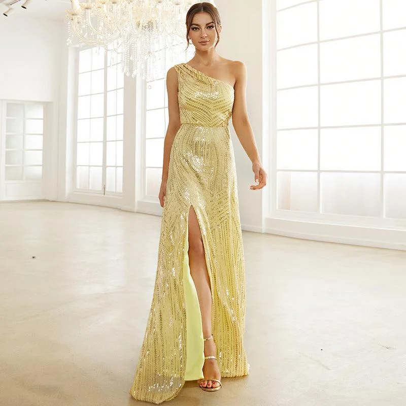 Neosepa-Graceful Single Shoulder Sleeveless Sequins Decorated Yellow Slit Maxi Dress