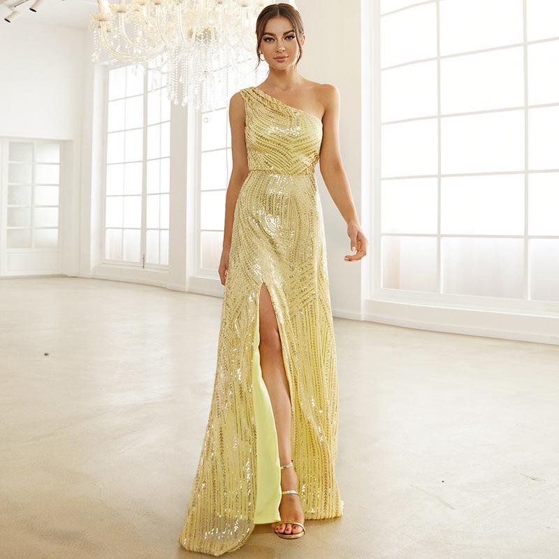 Neosepa-Graceful Single Shoulder Sleeveless Sequins Decorated Yellow Slit Maxi Dress
