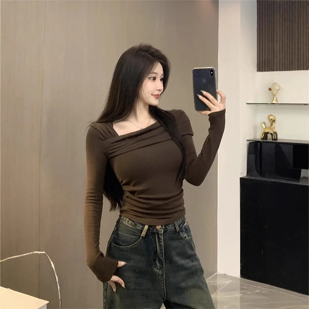 Uveng Uveng Desire Sexy Hot Girl De Long Sleeve Bottom Shirt Jacket Female 2024 Slim Velvet Inclined Collar A Word Shoulder T-Shirt Tide