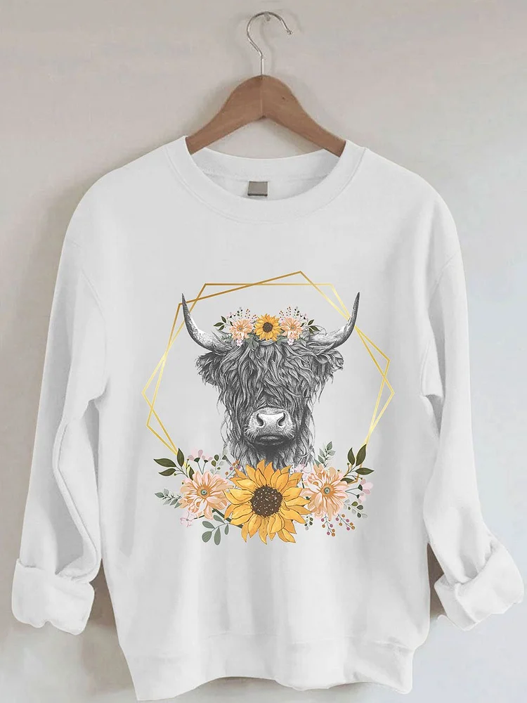 Women's Floral Highland Cow Casual Print Sweatshirt socialshop