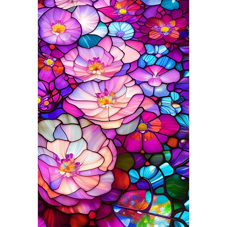 Stained Glass Pink Flowers (canvas) full round or square drill diamond  painting